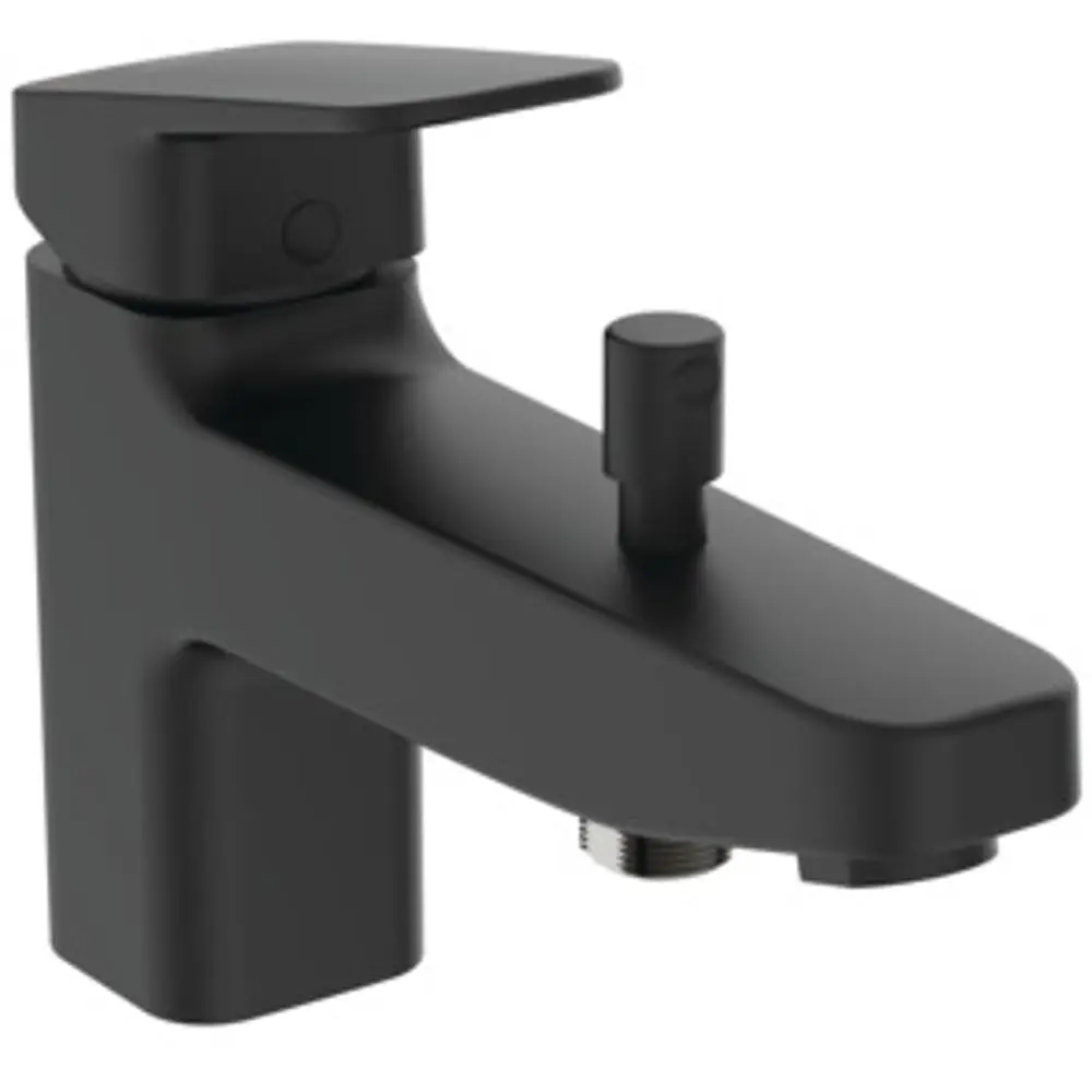 Schwarze Armatur von Ideal Standard mit Bedienhebel und Auslauf, geeignet für die Montage am Wannenrand. Klarer, funktionaler Stil.